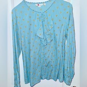Boden Robin Eggs Blue Blouse with Yellow Embroidered Eyelets Size 8